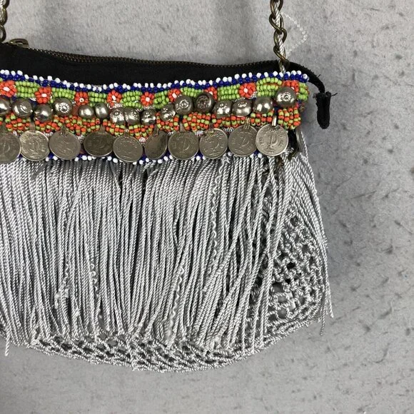 Elliot Mann Purse Beaded Fringe Coin Indie Firefly Boho Art to Wear Retro - Picture 12 of 16